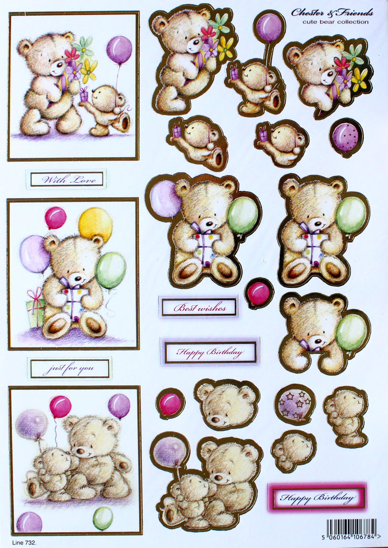 3D Stanzbogen A4 Nr.732 Teddy - Bären - Happy Birthday