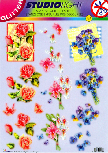 3D EASY Nr.053 Stanzbogen Diverse Blumen - Motive mit Glitter