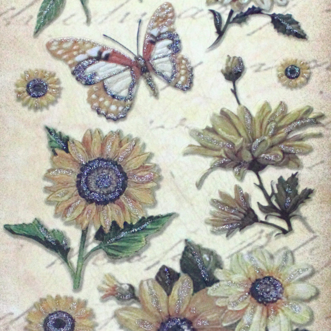 Geprägte Sticker Nr.8076B Blumen - Schmetterling mit Glitter