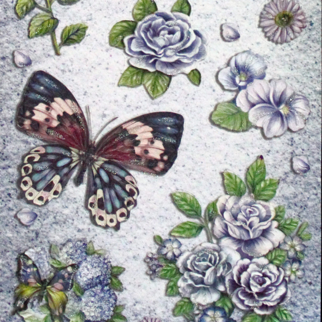 Geprägte Sticker Nr.8009A Blumen - Schmetterlinge mit Glitter