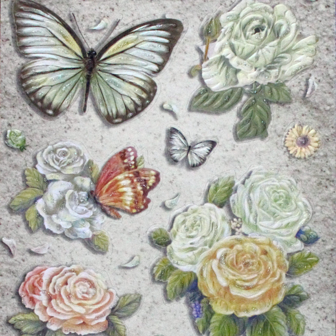 Geprägte Sticker Nr.8009B Blumen - Schmetterlinge mit Glitter