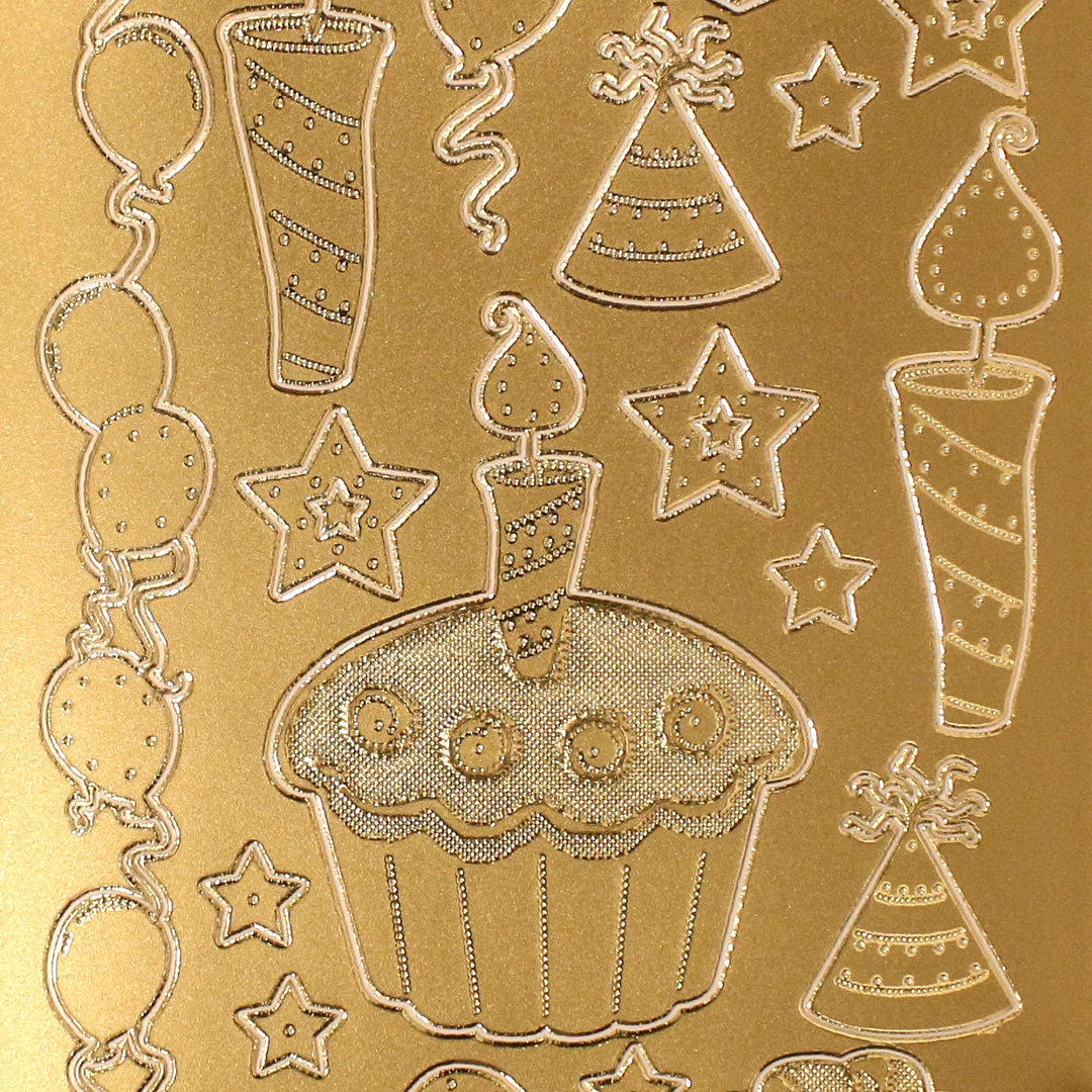 Sticker Nr.3160 Gold Fete Party Geburtstag Motive Torte Kerze Ballon
