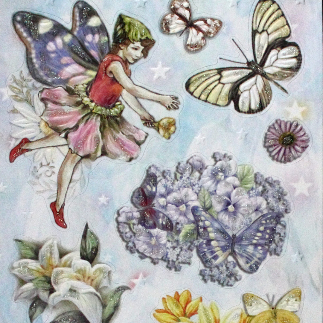 Geprägte Sticker Nr.8011B Blumen - Feen - Schmetterlinge mit Glitter