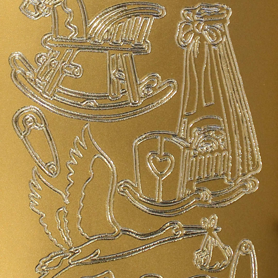 Sticker Nr.6402 Gold Baby Motive Wagen Schaukel Storch Rassel