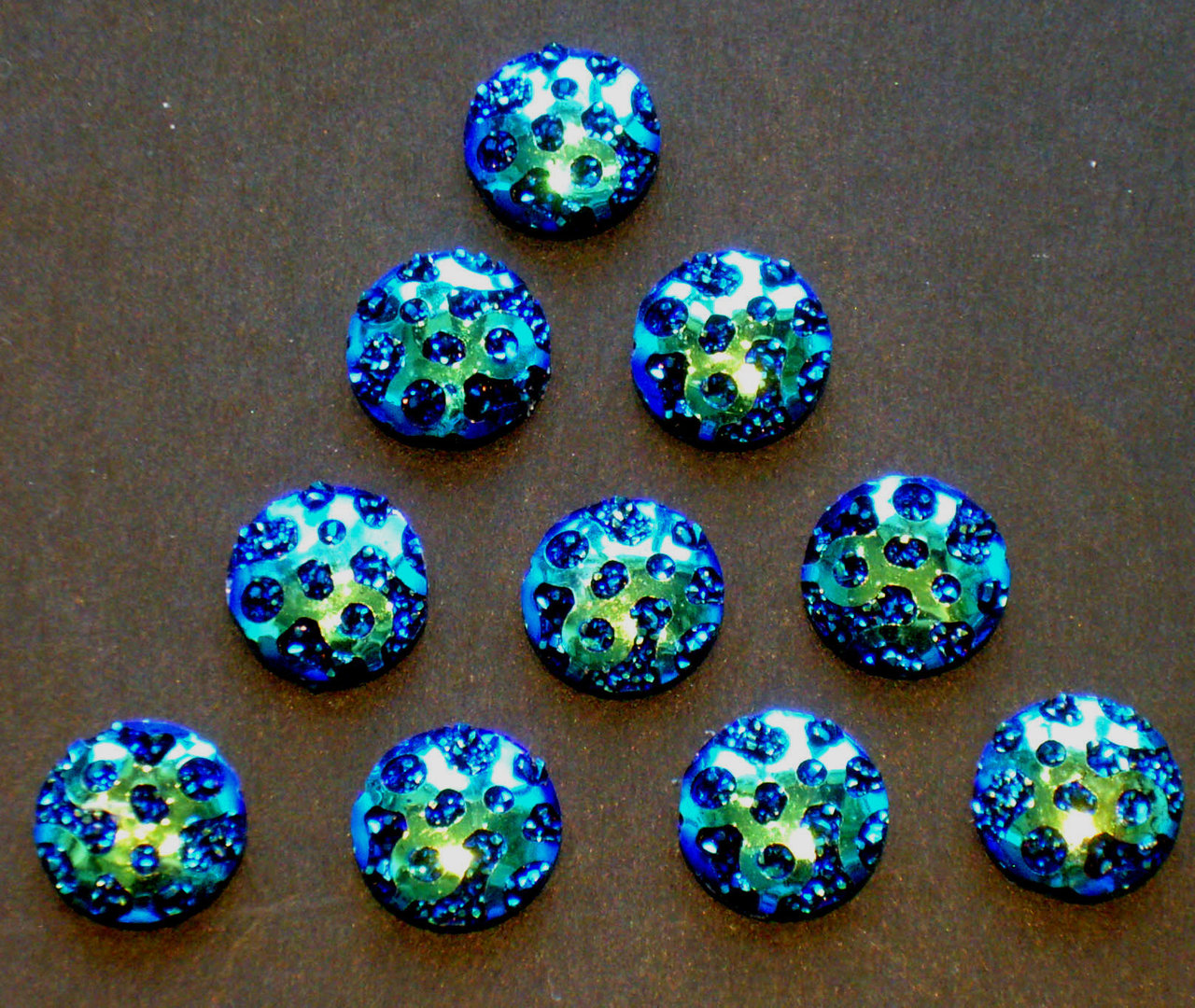 10 Schmuck Deko Steine Blau changierend mit Glitzer - Effekten Rückseite Schwarz Ø 9,5mm x 3mm