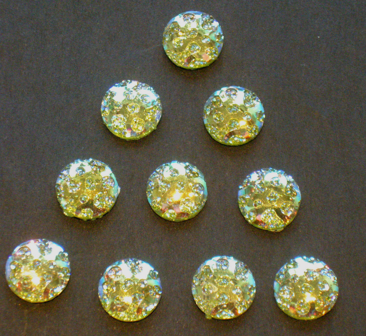 10 Schmuck Deko Steine Gelb changierend mit Glitzer - Effekten Rückseite Silber Ø 9,5mm x 3mm