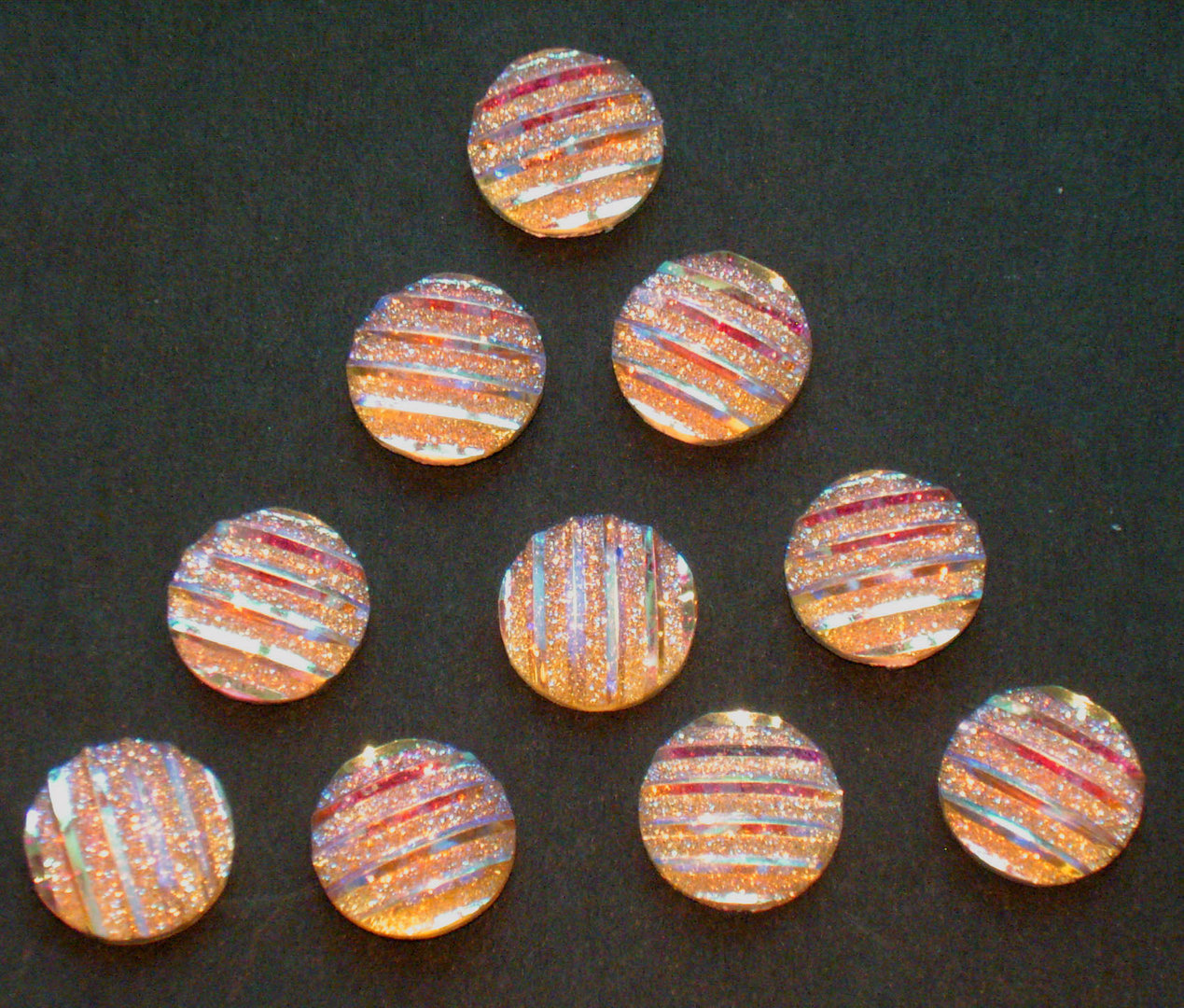 10 Schmuck Deko Steine Orange changierend mit Glitzer - Effekten Rückseite Silber Ø 9,5mm x 2mm