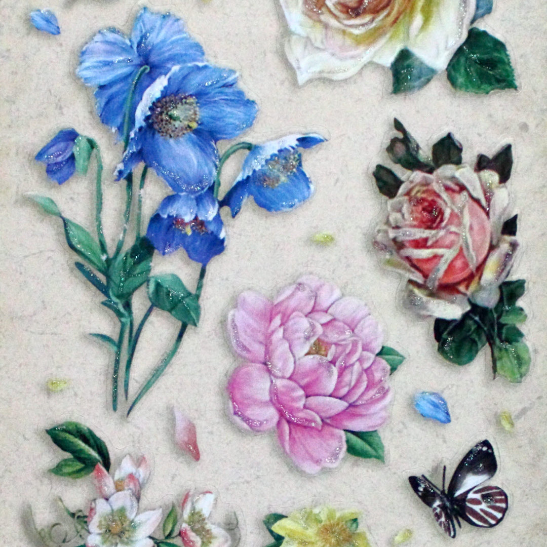 Geprägte Sticker Nr.8077A Blumen - Schmetterlinge mit Glitter