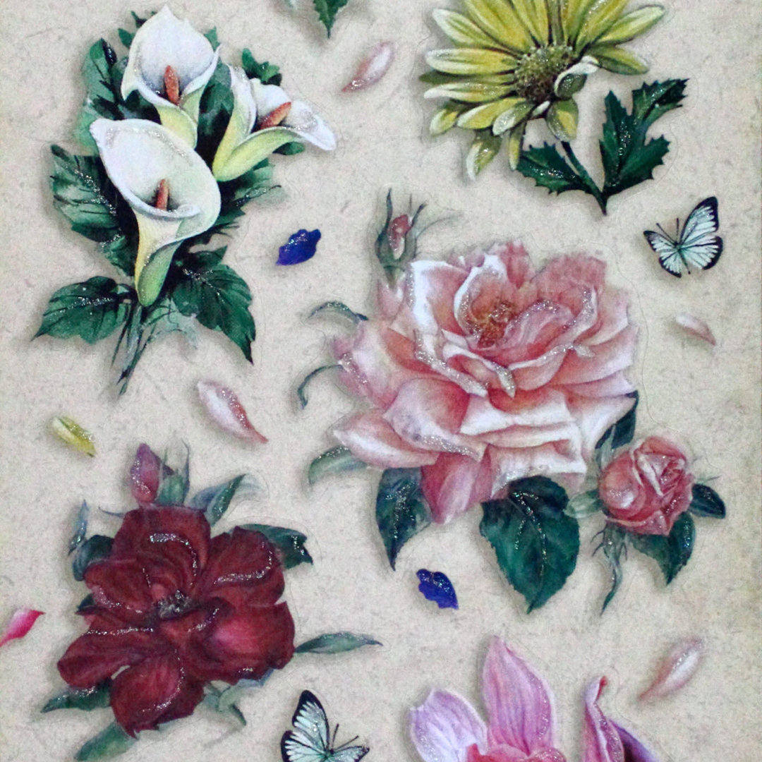 Geprägte Sticker Nr.8077B Blumen - Schmetterlinge mit Glitter