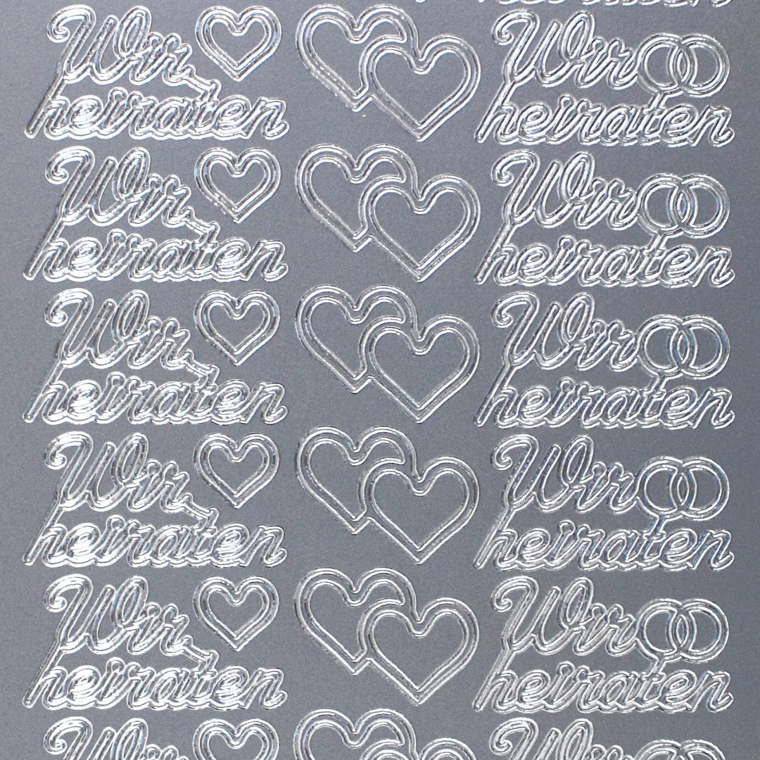 Sticker Nr.0002 Silber Schreibschrift Wir heiraten Motiv Herz - Ringe