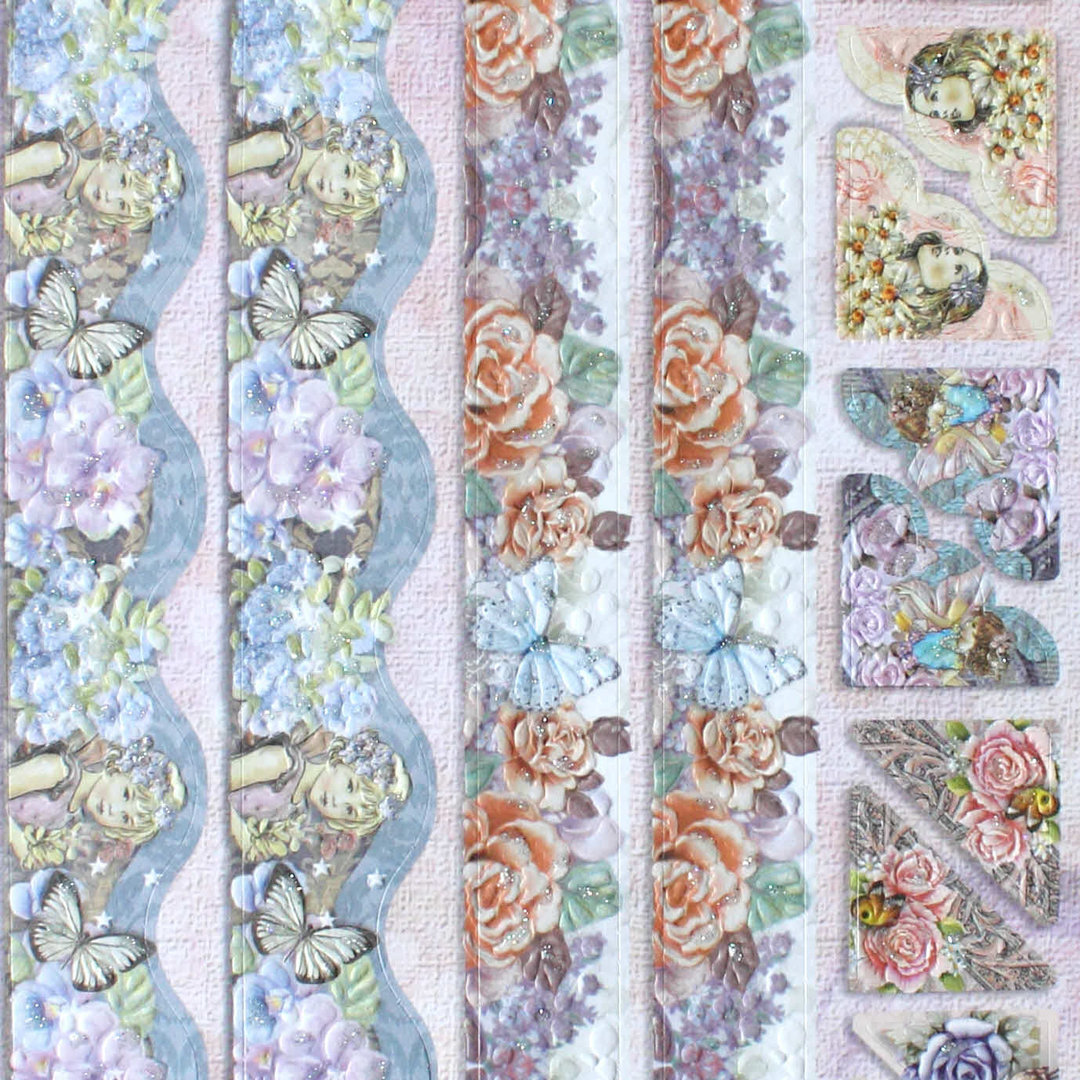 Geprägte Sticker Nr.8028A Blumen - Feen - Schmetterlinge - Bordüren - Ecken mit Glitter