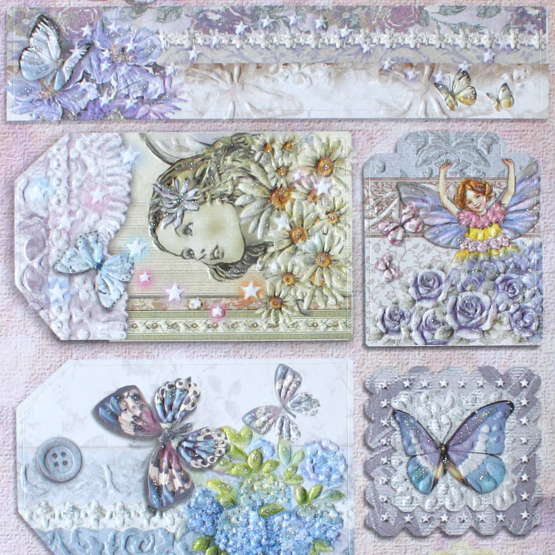 Geprägte Sticker Nr.8028B Blumen - Feen - Schmetterlinge - Labels mit Glitter