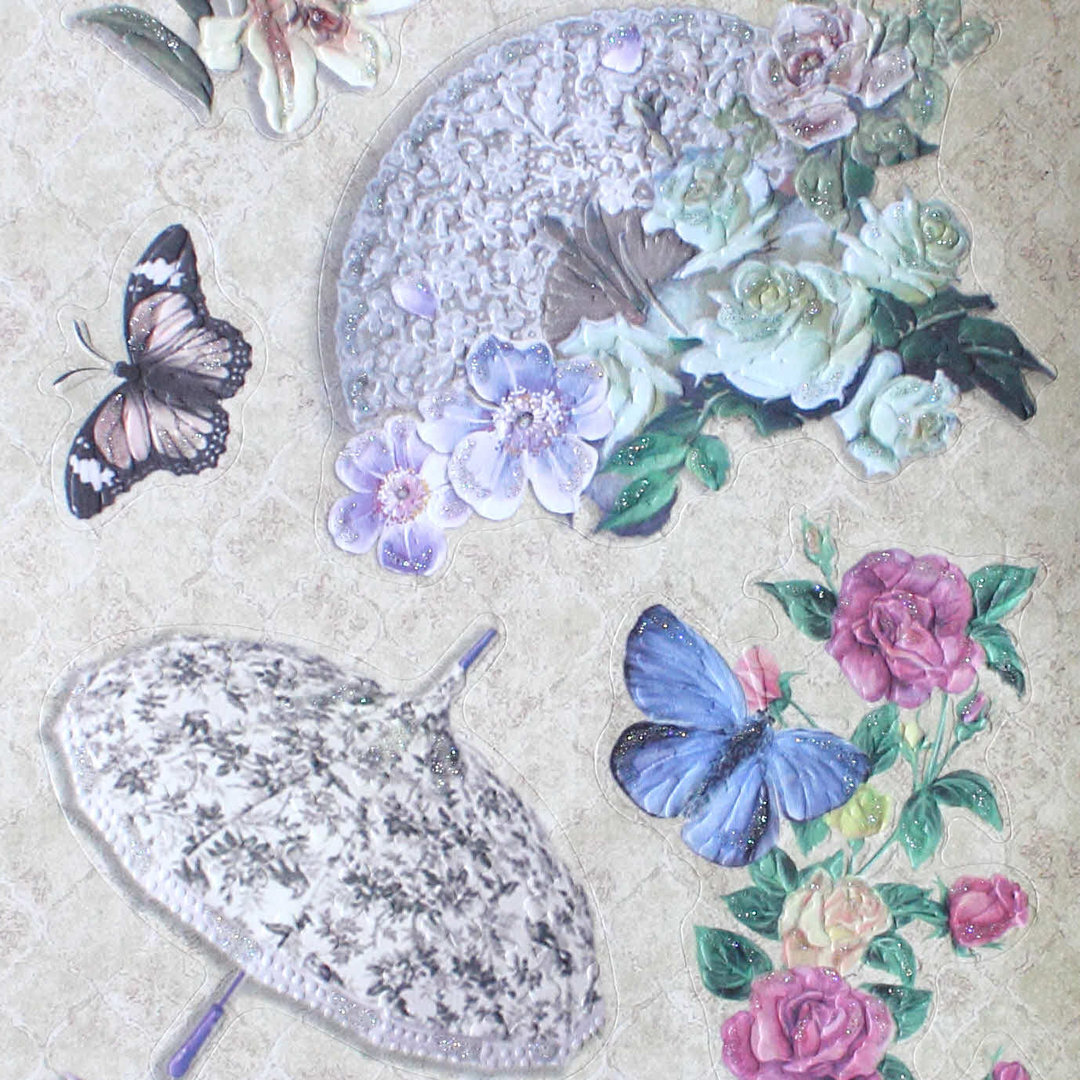Geprägte Sticker Nr.8064B Blumen - Fächer - Schmetterlinge - Labels mit Glitter