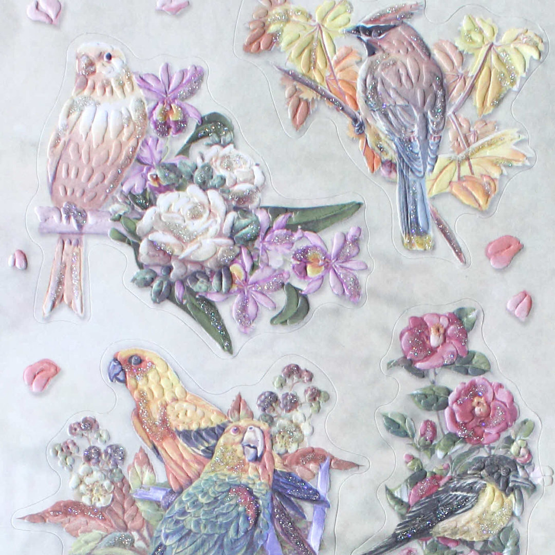 Geprägte Sticker Nr.8078B Blumen - Vogelwelt mit Glitter
